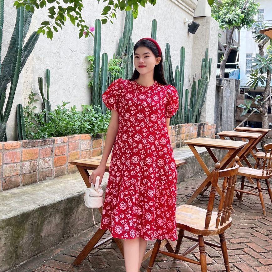 Đầm bầu tơ bông cổ bèo phom suông đuôi cá dễ thương, xinh xắn - Đỏ