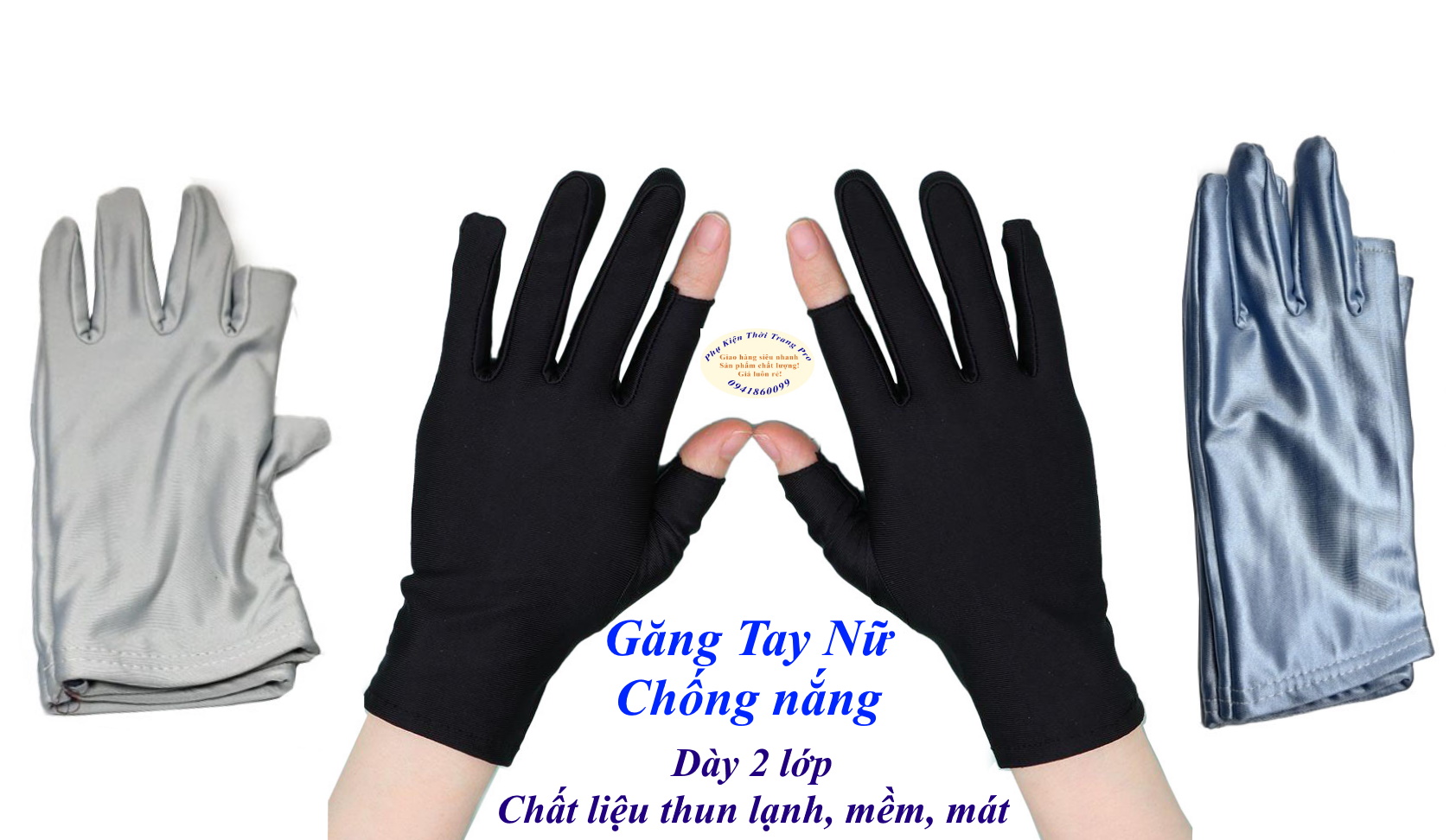 Găng tay, Bao tay nữ Chống nắng Dày 2 lớp dày Dài 26cm Kiểu hở 2 ngón Không in hình Chất liệu thun lạnh mềm mịn, co giãn