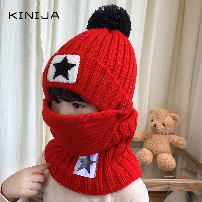3 Mùa Đông Cho Bé Skullies Bò Mũ Khăn Miệng Mặt Nạ Dệt Kim Trang Trượt Tuyết Ngoài Trời Mũ Pompom Bé Gái Bé Trai Trẻ Em Mặt giữ Ấm Bộ
