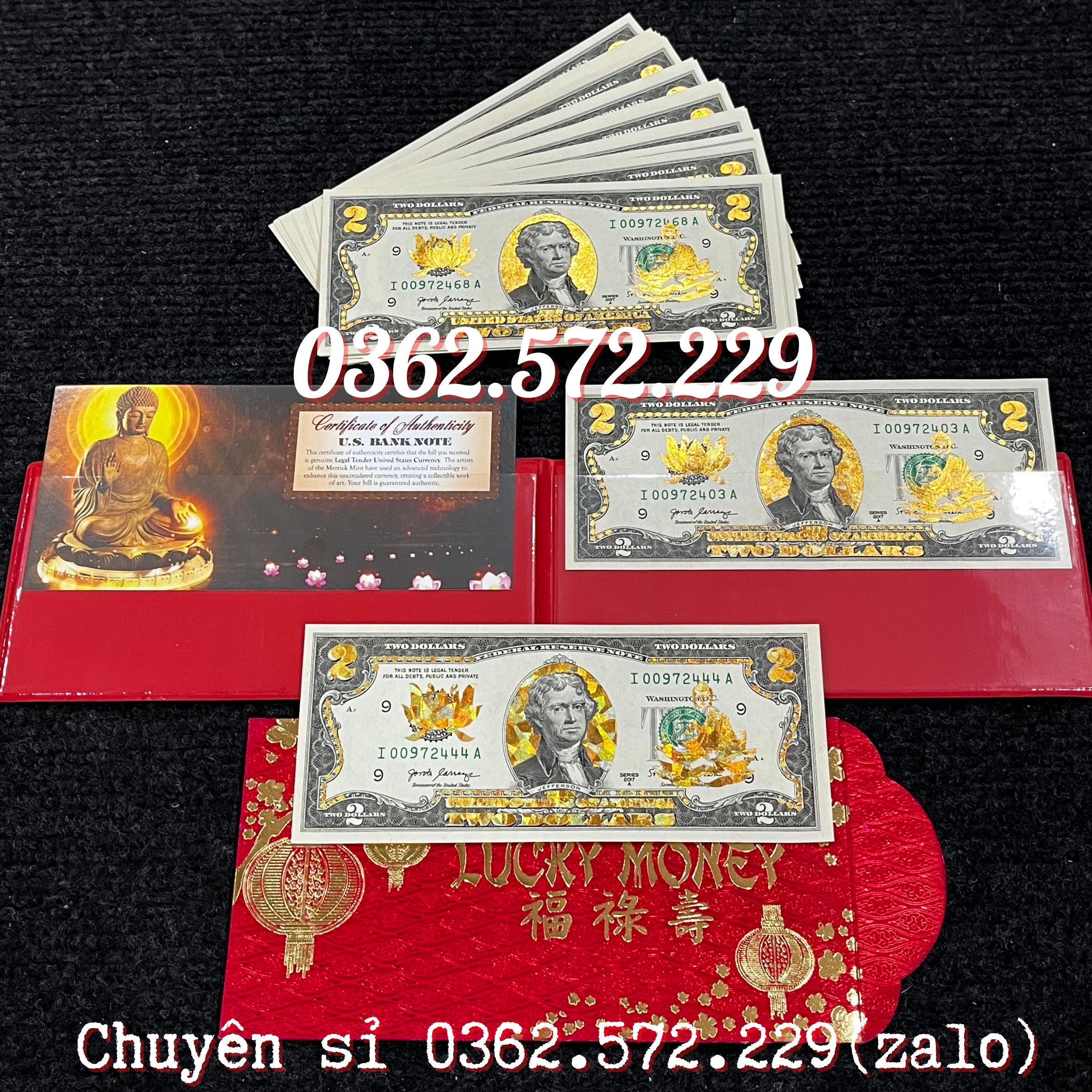 Tờ 2 Đô, 2 USD Mạ Vàng In Hình Phật Tổ Như Lai may mắn lì xì Tết, làm quà tặng Sưu Tầm, Trang Trí