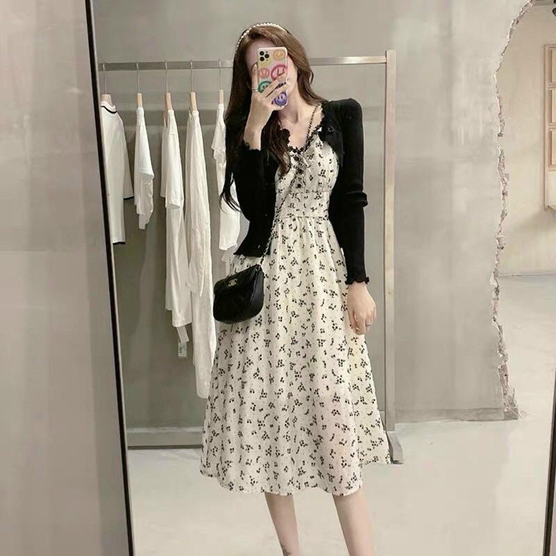 Set đầm hoa trắng hai dây ren kèm khoác croptop đen