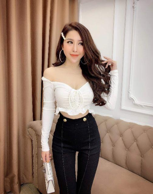 Sét áo croptop trễ vai quần lưng cao