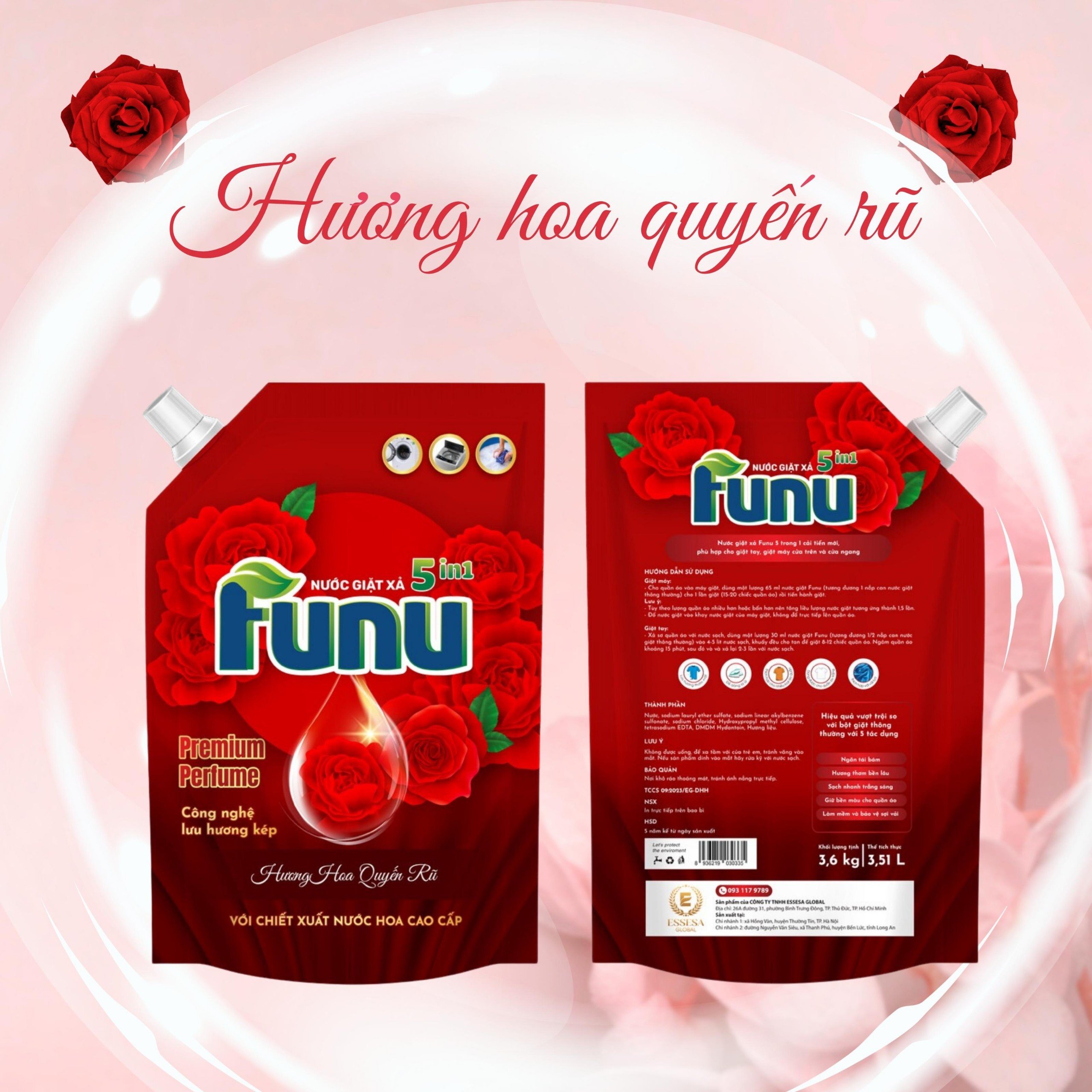 Túi nước giặt xả Funu 3.6kg 5 in 1 hương nước hoa cao cấp, giặt sạch ngăn tái bám, giữ bền màu cho vải, làm mềm và ảo vệ sợi vải - Hàng chính hãng
