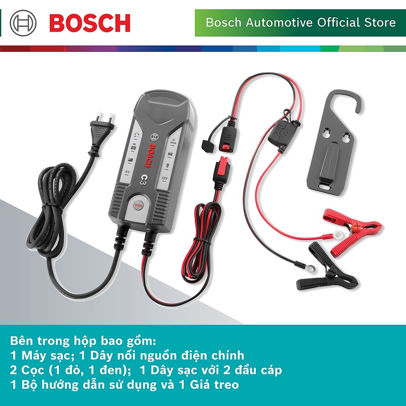 Máy Sạc Bình Ắc Quy BOSCH C3 Cho Ô Tô Xe Máy (6V – 12V) – Có 04 Chế Độ Sạc - Hàng Chính Hãng