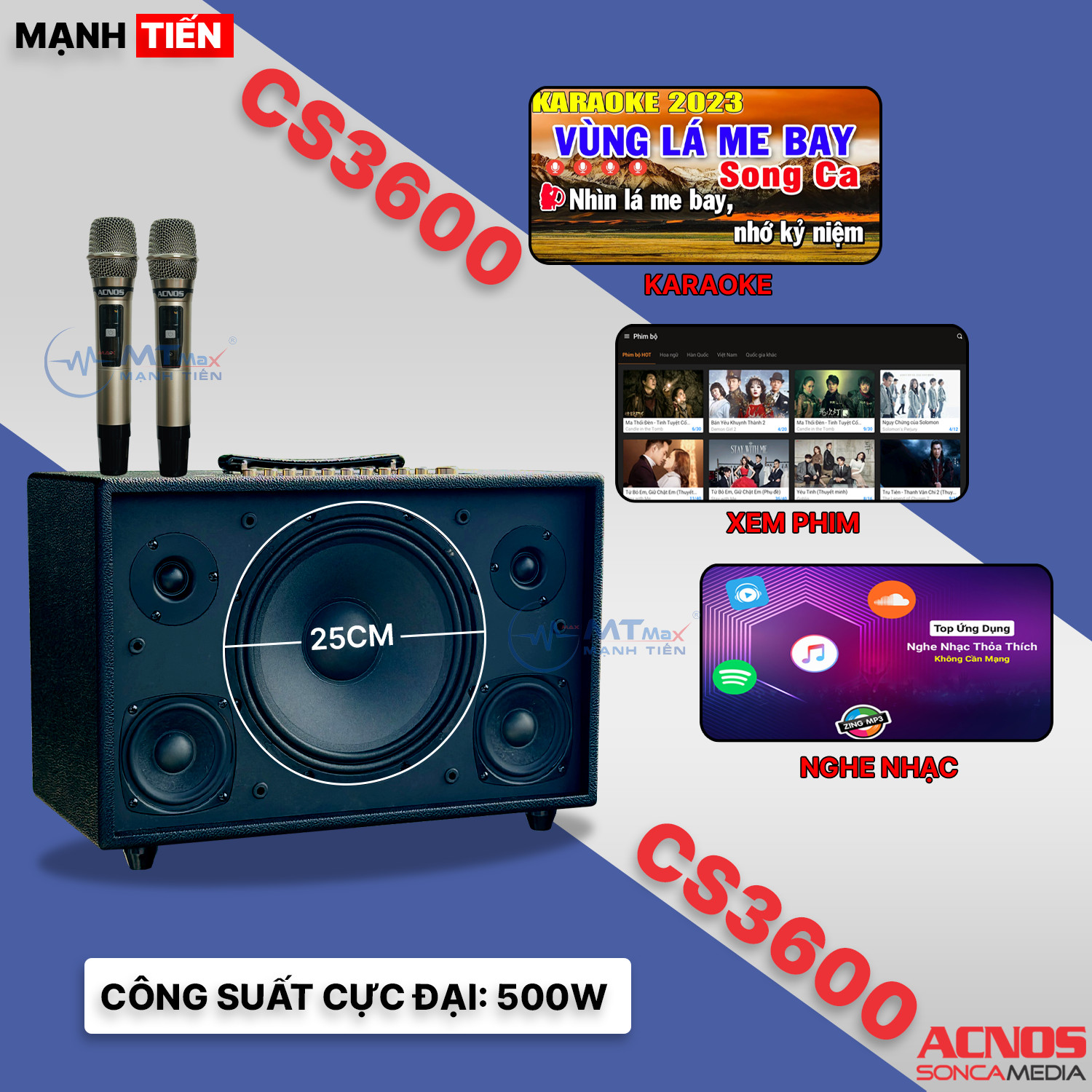 Loa Xách Tay ACNOS CS3600 - Loa Karaoke Chính Hãng 3 Đường Tiếng, Công Suất Lớn 500W, Âm Thanh Cao Cấp Chuyên Nghiệp, Nâng Tiếng, Chống Hú Siêu Cấp, Đi Kèm 2 Micro Karaoke hàng chính hãng