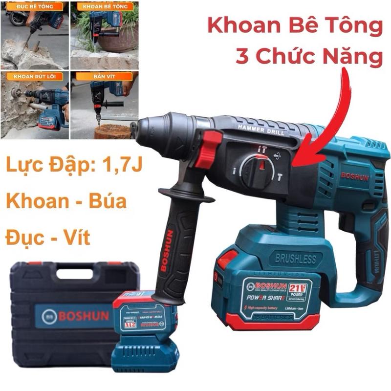 Máy Khoan Đục Bê Tông 3 Chức Năng Boshun 21V, Pin 15 cell 100% Ruột Động, Động Cơ Không Chổi Than