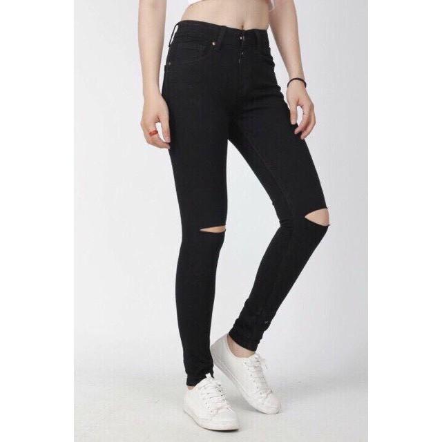 Quần jean nữ dài màu đen tuyền lưng cao co dãn mạnh, rách kiểu dành cho Big Size 2707