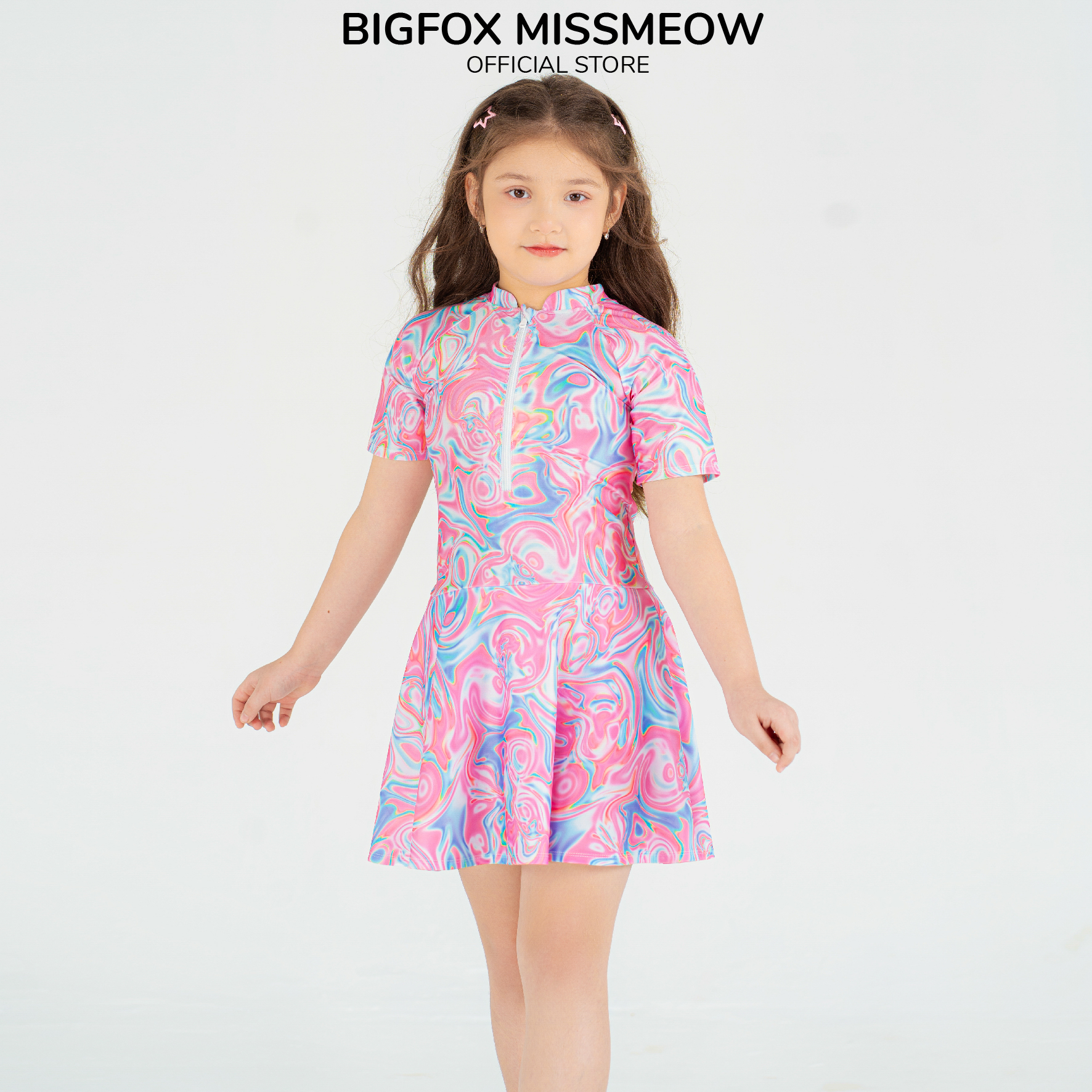Hình ảnh Đồ bơi cho bé gái Bigfox Miss Meow, dáng váy liền vải thun co dãn, màu hồng size đại cỡ trẻ em 90,120,150,160 11-35kg