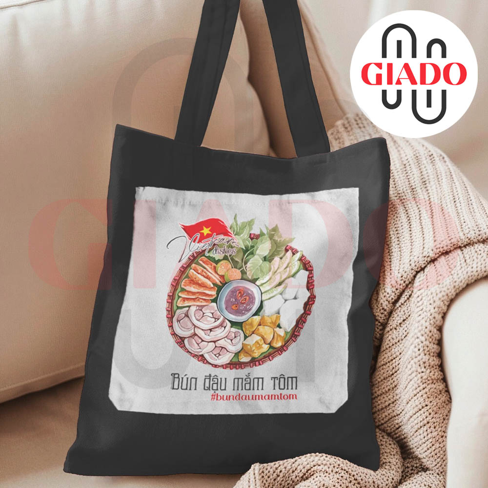 Túi canvas GIADO, túi canvas đen, túi tote in hình món ăn Việt Nam mẫu Bún đậu mắm tôm