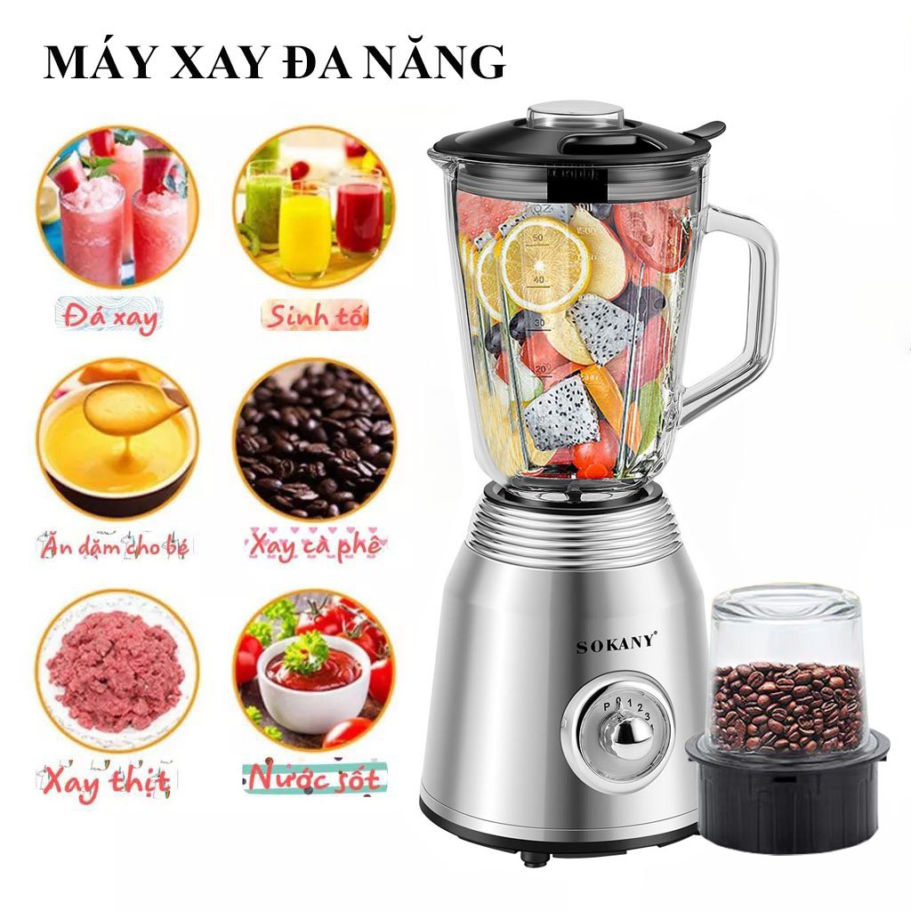 Máy xay sinh tố SOKANY công suất cực lớn 800W có 2 bộ cối dao sử dụng xay hoa quả, xay thực phẩm đa năng - SK186B - HÀNG CHÍNH HÃNG - DELIYA