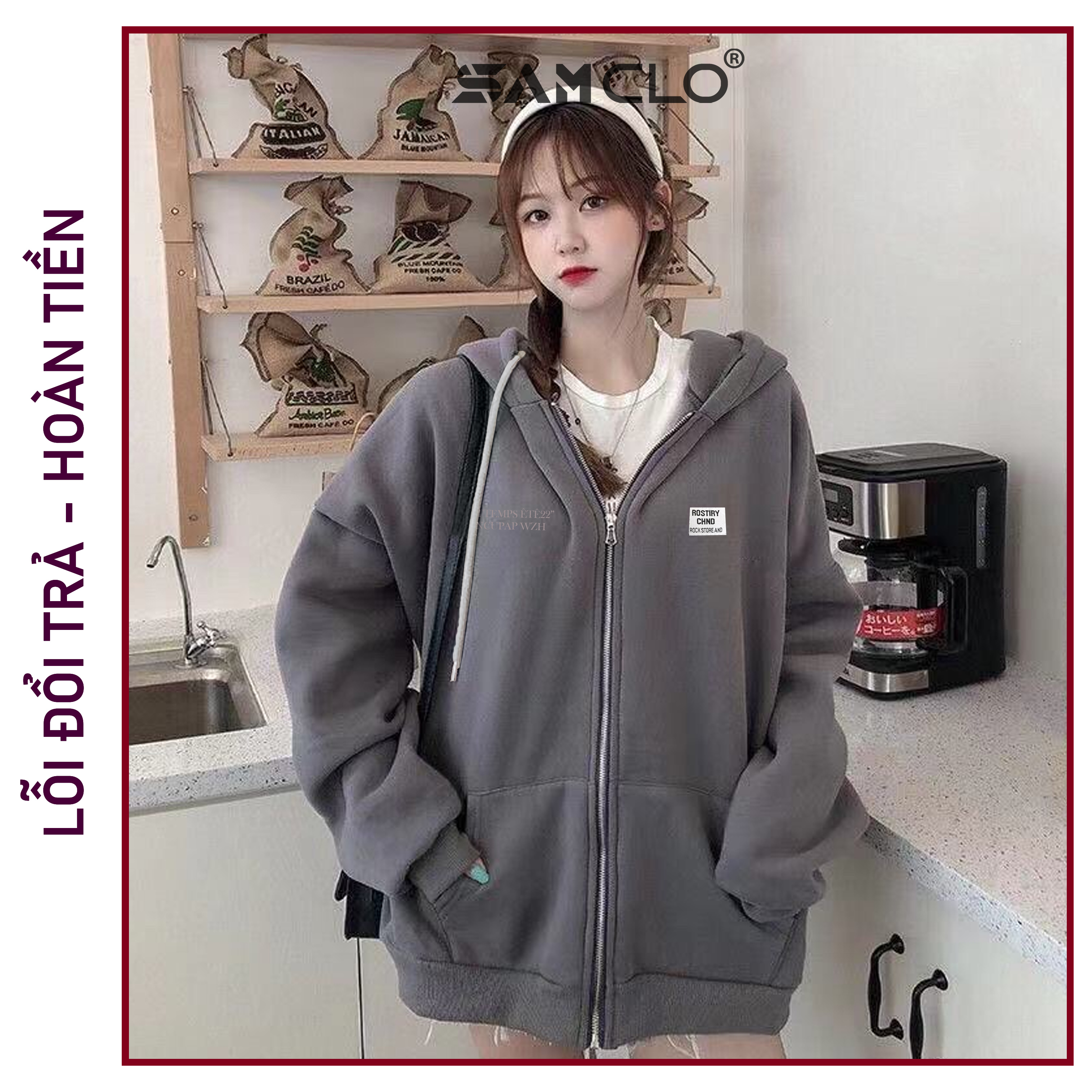 ÁO KHOÁC NỈ SAM CLO nữ freesize hoodie có khóa kéo tay dài thu đông dáng unisex LOGO TRẮNG ROSTIRY CHND