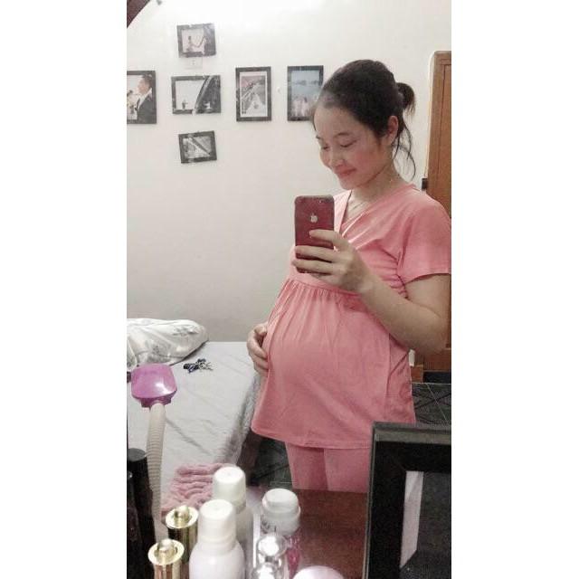 Bộ đồ bầu mặc nhà mùa hè ngắn tay - bộ đô bầu lửng vạt chéo sau sinh cotton thoáng mát