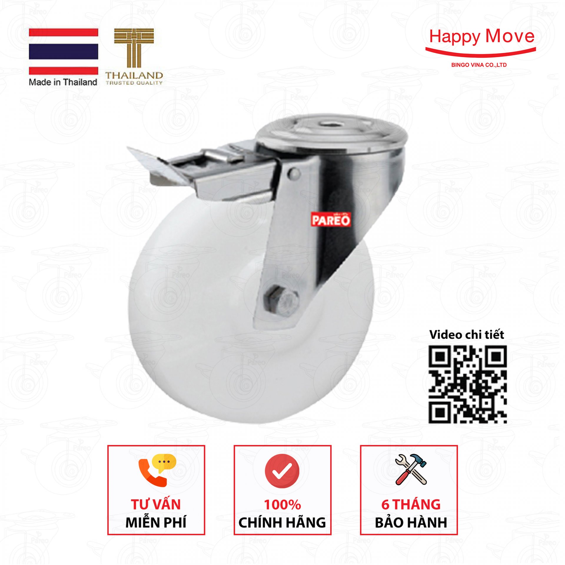 Bánh xe đẩy nylon trắng (PA) nanotech càng lỗ xoay có khóa Inox 304 - 80-100-125mm - Happy Move Thái Lan