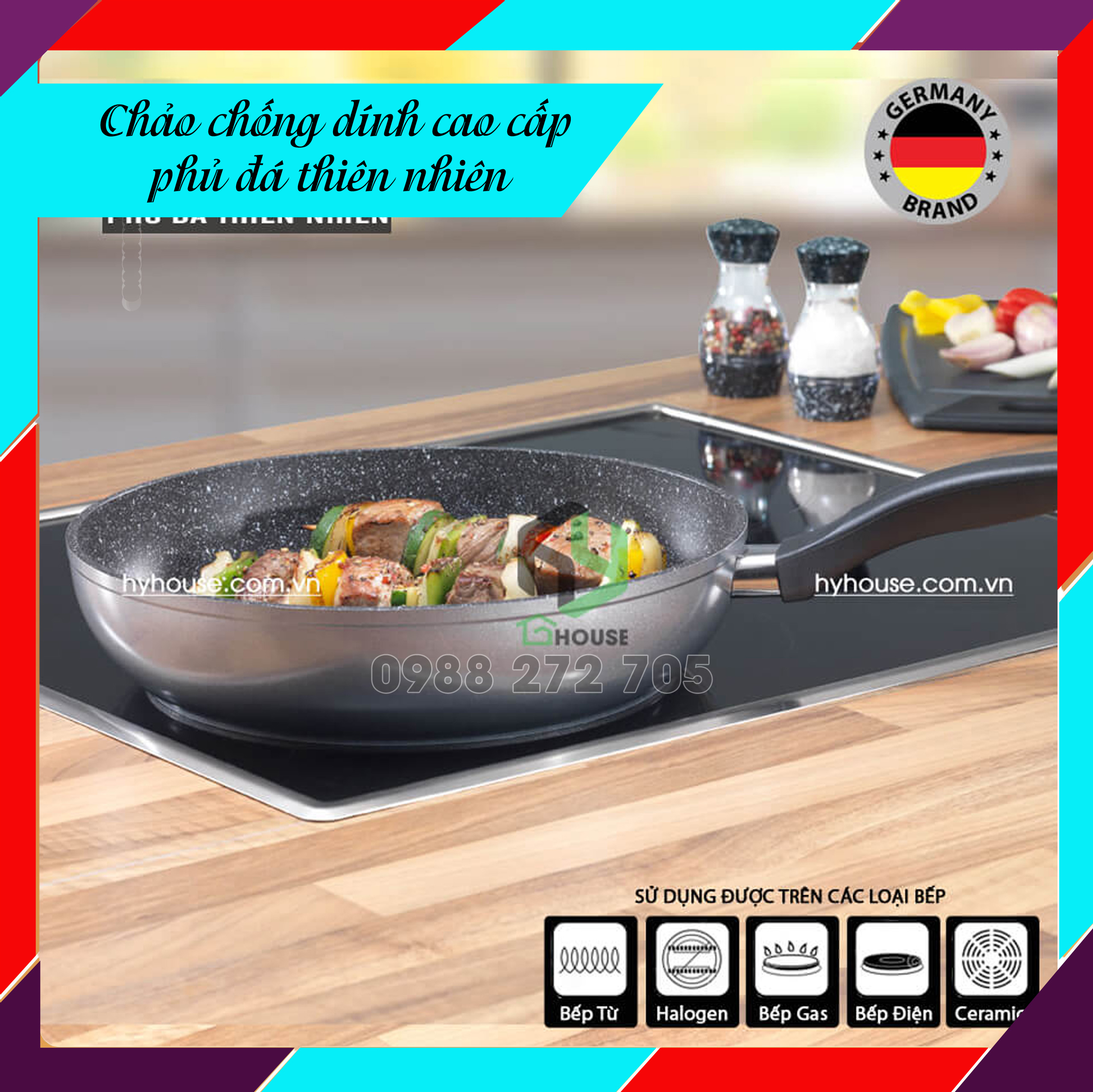 Chảo chống dính phủ đá thiên nhiên cao cấp dùng cho bếp từ - 24cm sâu