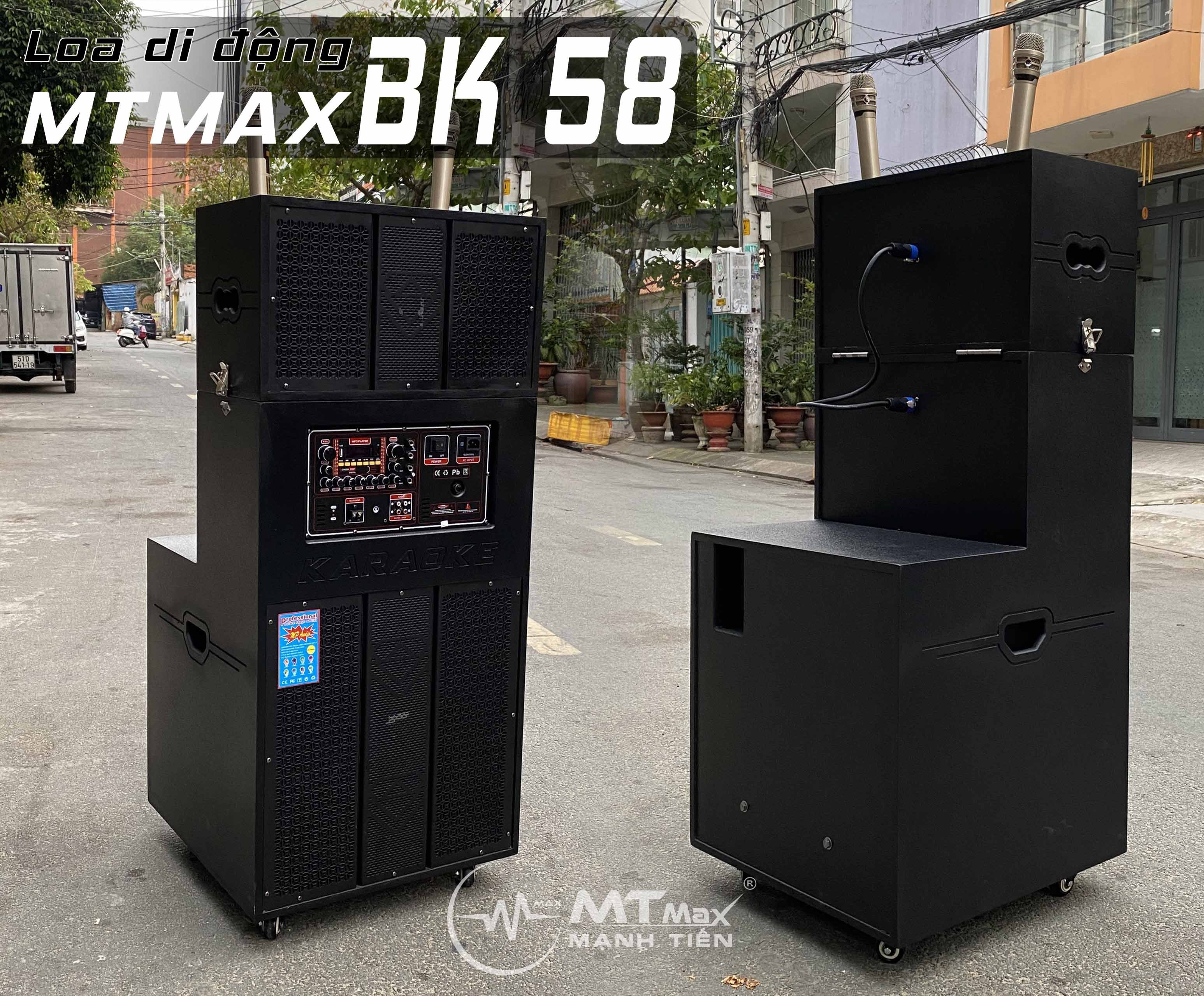 Loa Kéo Di Động Karaoke Bass 40 MTMax BK58 (1000W) 4 Tấc  với công suất loa lớn bạn có thể sử dụng liên tục trong nhiều giờ ngoài nguồn điện, rất thích hợp khi bạn muốn tổ chức các buổi tiệc ngoài trời cùng gia đình