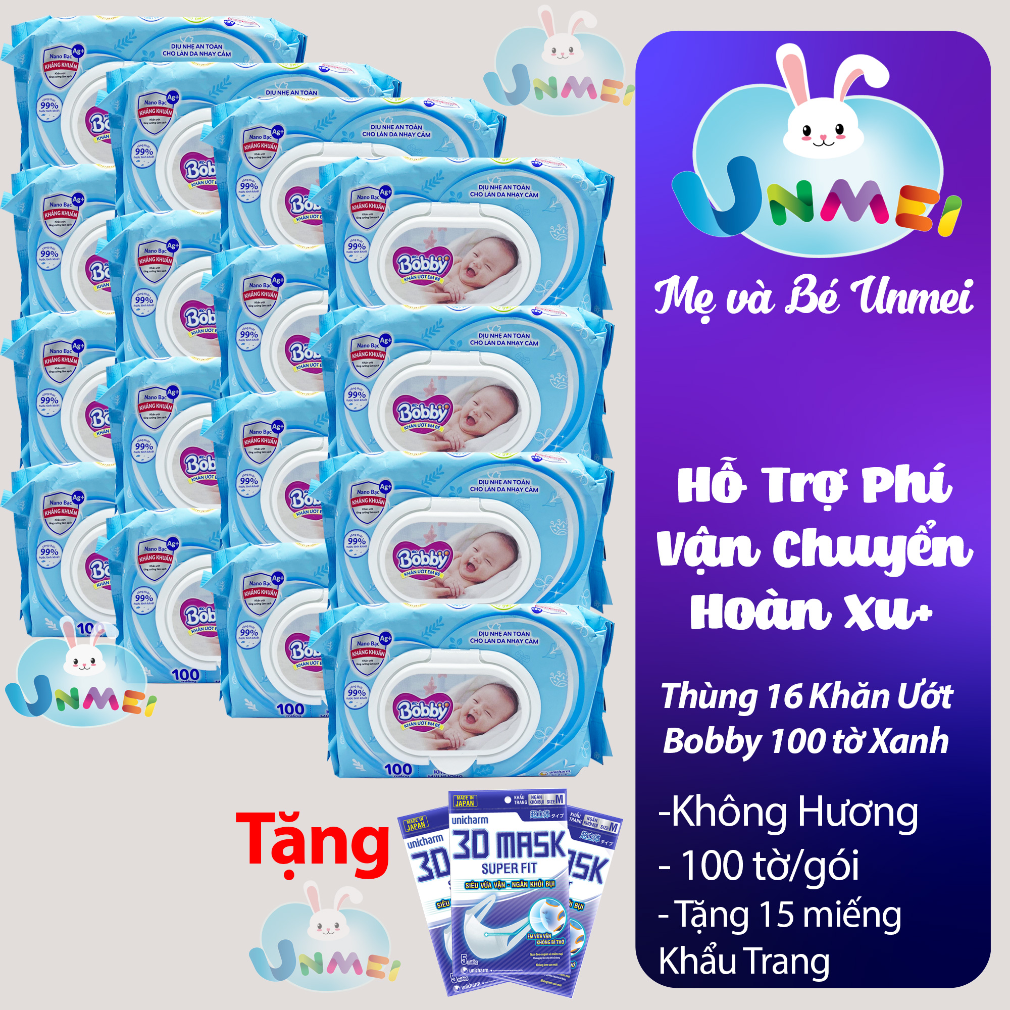 Combo Tiết Kiệm Thùng 16 Gói Khăn Ướt Bobby Care Không Hương 100 Miếnggói Tặng 15 Khẩu Trang Unicharm Nhật Bản