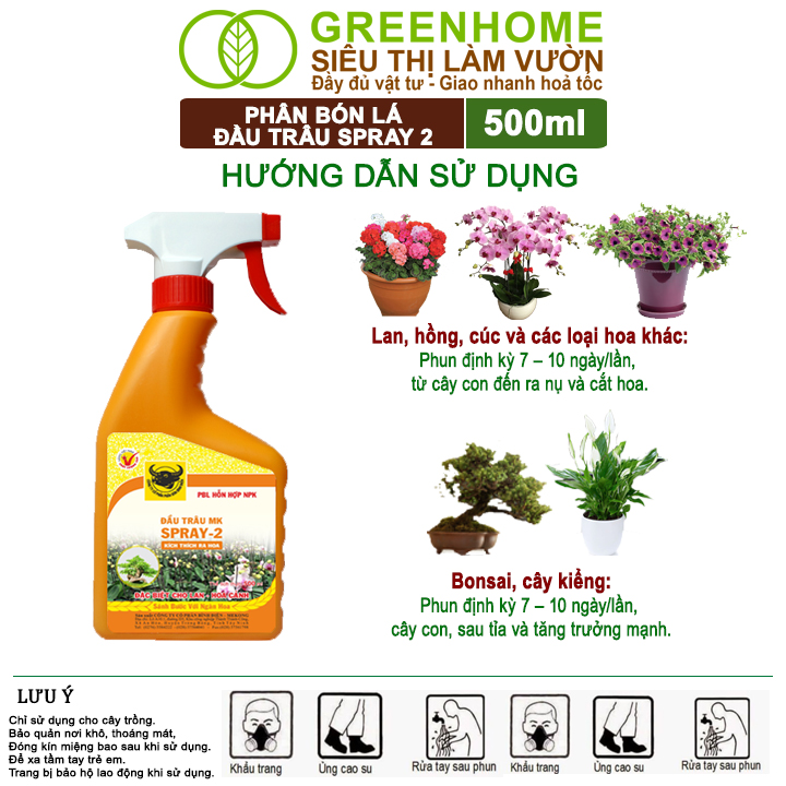 Phân Bón Lá Đầu Trâu Spray-2 Greenhome, Bình Điền, Chai 500ml, Kích Thích Ra Hoa, Chuyên Lan Và Hoa