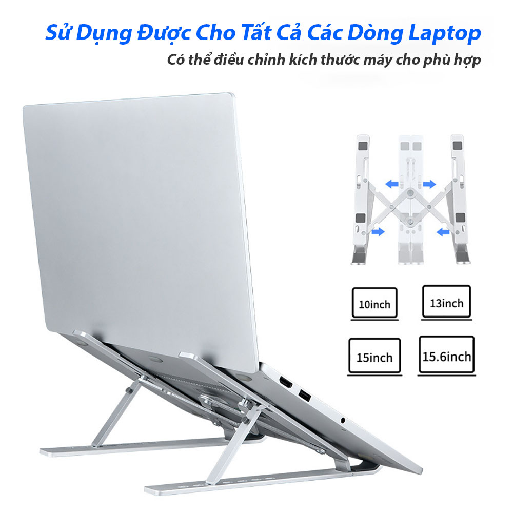 Giá Đỡ Laptop Nhôm Gấp Gọn, Laptop Stand Dùng Cho Máy Từ 11~17 inch, Có Thể Điều Chỉnh Nhiều Mức Độ Cao, Chất Liệu Hợp Kim Nhôm Cao Cấp