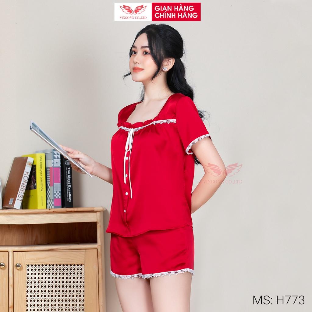 Đồ bộ nữ mặc nhà Pijama VINGO lụa Pháp cap cấp tay ngắn quần đùi có ren và nơ trước ngực trẻ trung mặc mùa Hè H773 VNGO