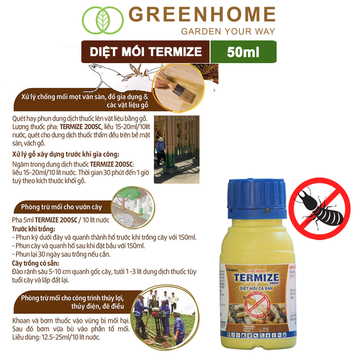 Thuốc Diệt Mối Tận Gốc Greenhome Termize 200SC, Chai 50ml, Sinh Học Thế Hệ Mới, An Toàn, Không Mùi, Diệt Cả Đàn