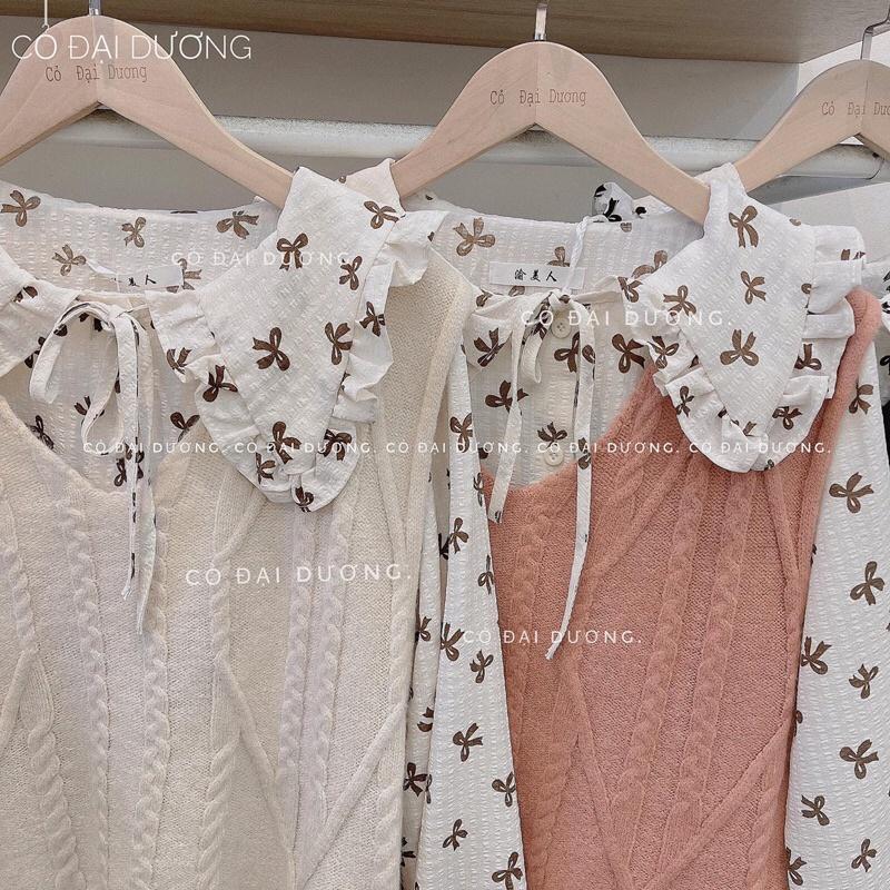 Set áo gile trơn kèm sm hoa nhí cổ nơ