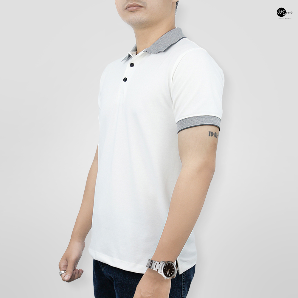 Áo polo nam cổ bẻ phối viền vải cotton chuẩn form, lịch sự, năng động, trắng - MOSI