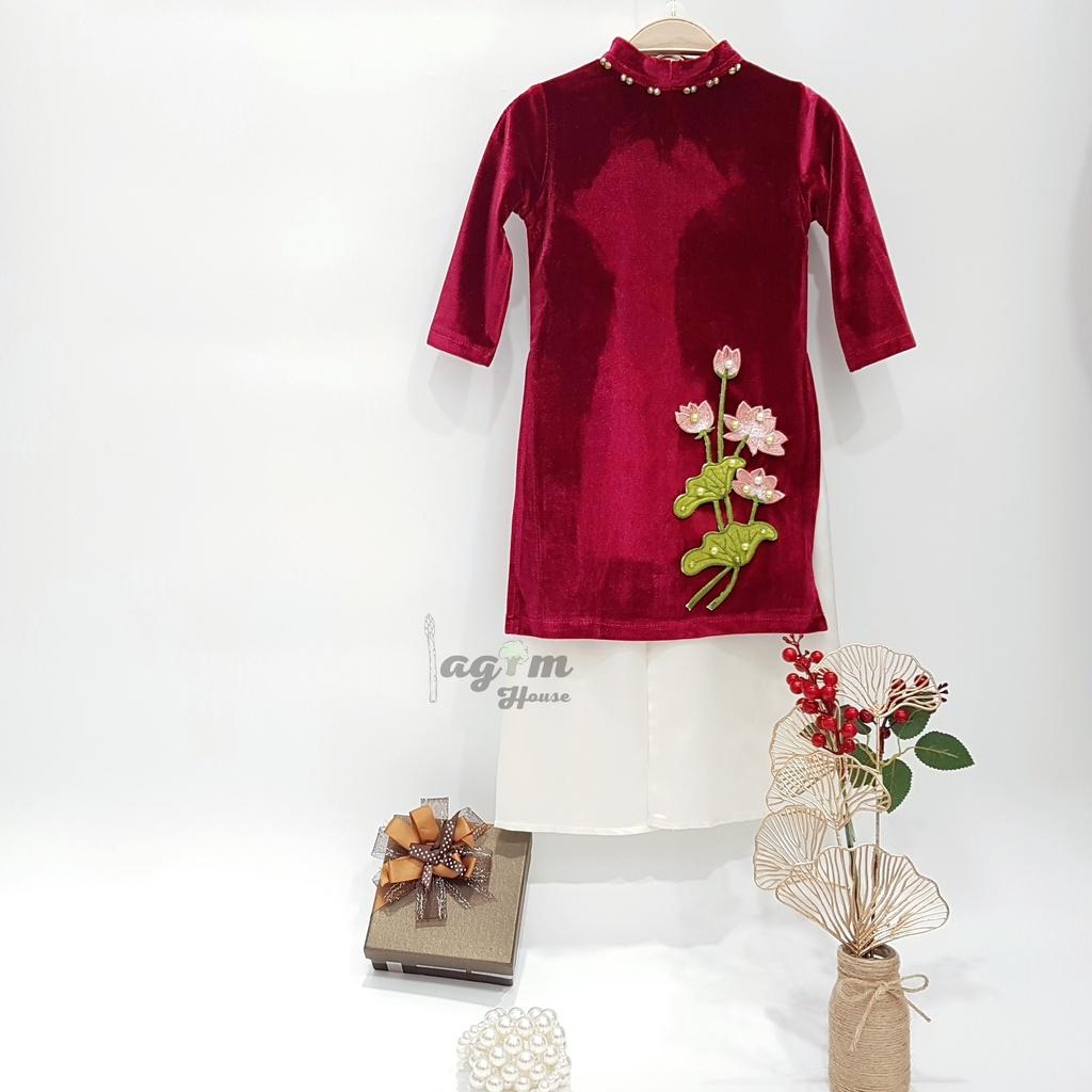 Áo dài truyền thống vải nhung mềm thêu hoa sen cho bé gái từ 8-30kg - Lagim house