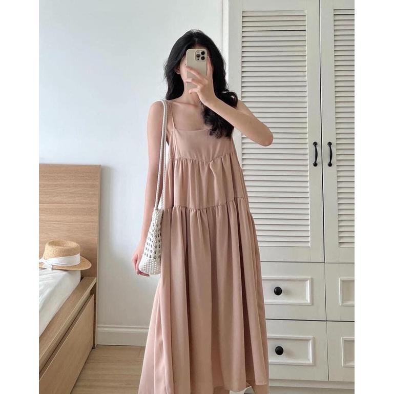 Váy đầm hai dây maxi xòe tầng đi biển dáng babydoll rộng chất thô mềm mát hè. MET SHOP