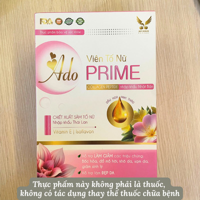 Ado Prime bổ sung isoflavon, collagen, vitamin E và một số chiết xuất thảo mộc, hỗ trợ làm đẹp da, hỗ trợ làm giảm các triệu chứng: bốc hỏa, đổ mồ hôi, khô da, sạm da, giảm sinh lý. 
