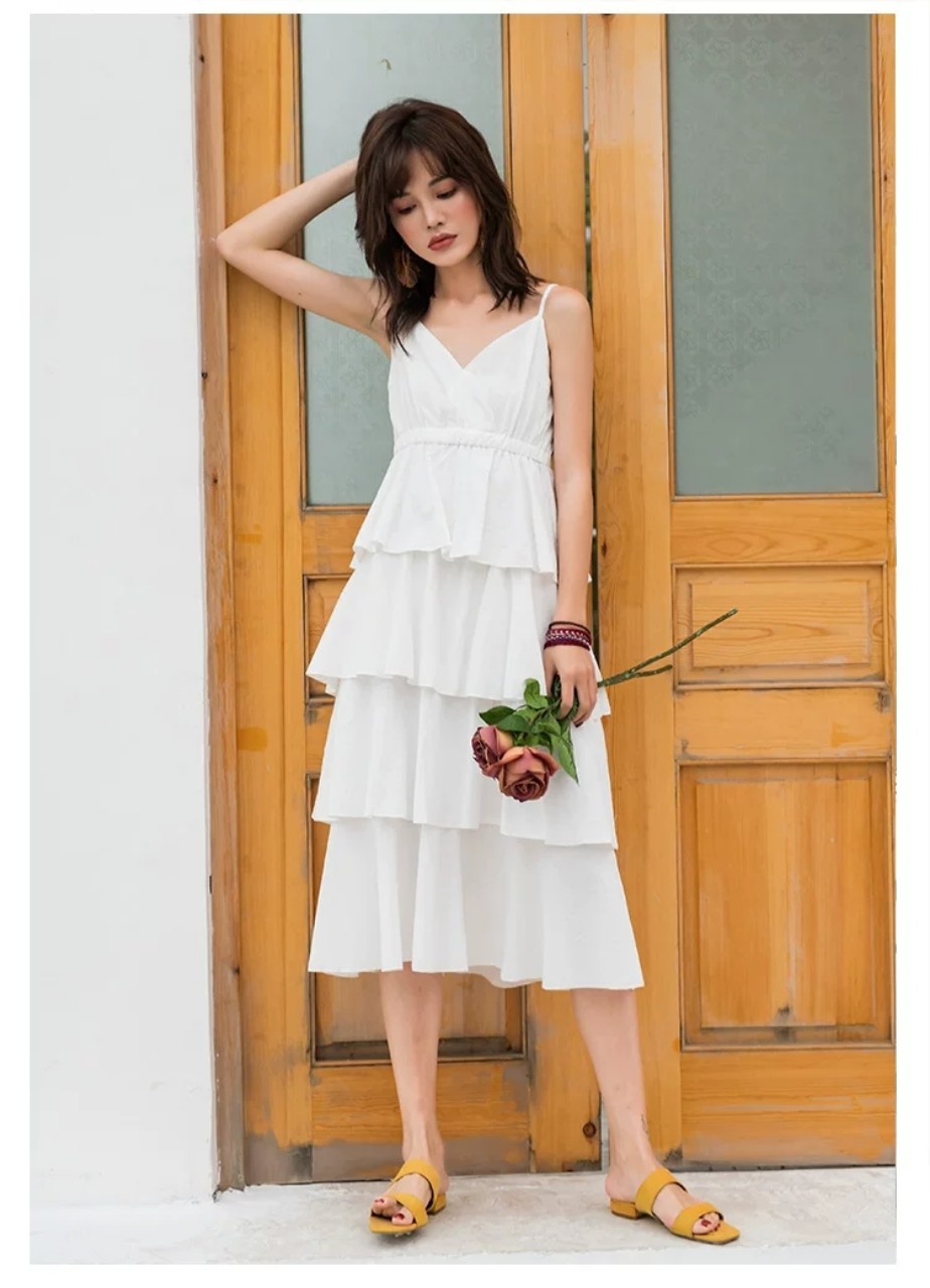 Đầm xòe midi 2 dây 4 tầng màu trắng tiểu thư vintage
