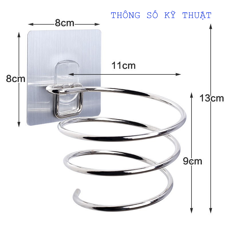 Dụng cụ treo máy sấy tóc bằng Inox, giá treo dạng chôn ốc có miếng gián gắn tường không cần khoan