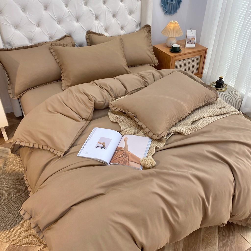 Bộ chăn ga gối Cotton Tici phối bèo M2T bedding, vỏ chăn mền, drap giường và 2 vỏ gối