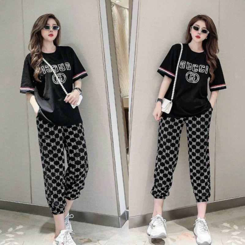 Bộ đồ nữ form rộng phối họa tiết thêu logo sang trọng siêu đẹp