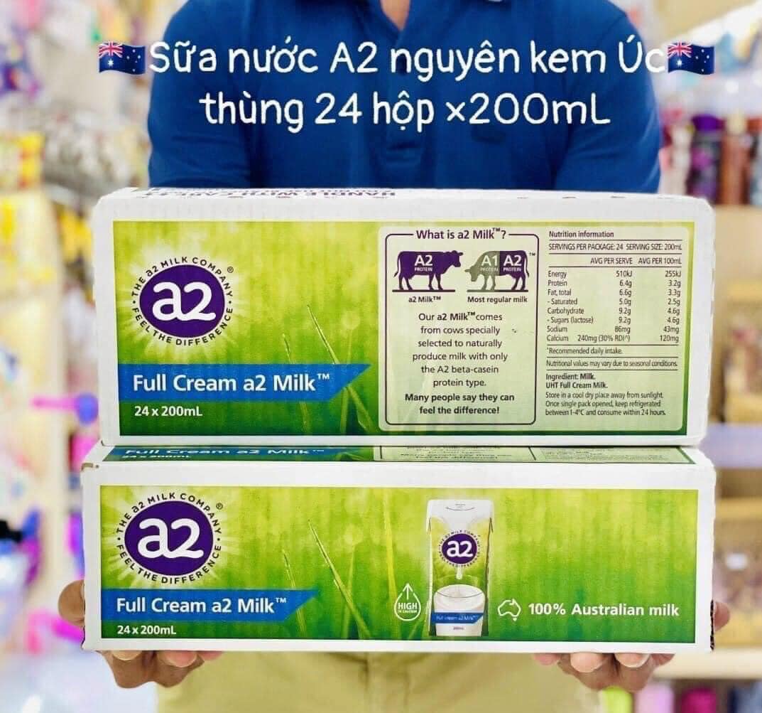 Thùng 24 Hộp Sữa tươi tiệt trùng nguyên kem A2 dạng nước 200ml x 24