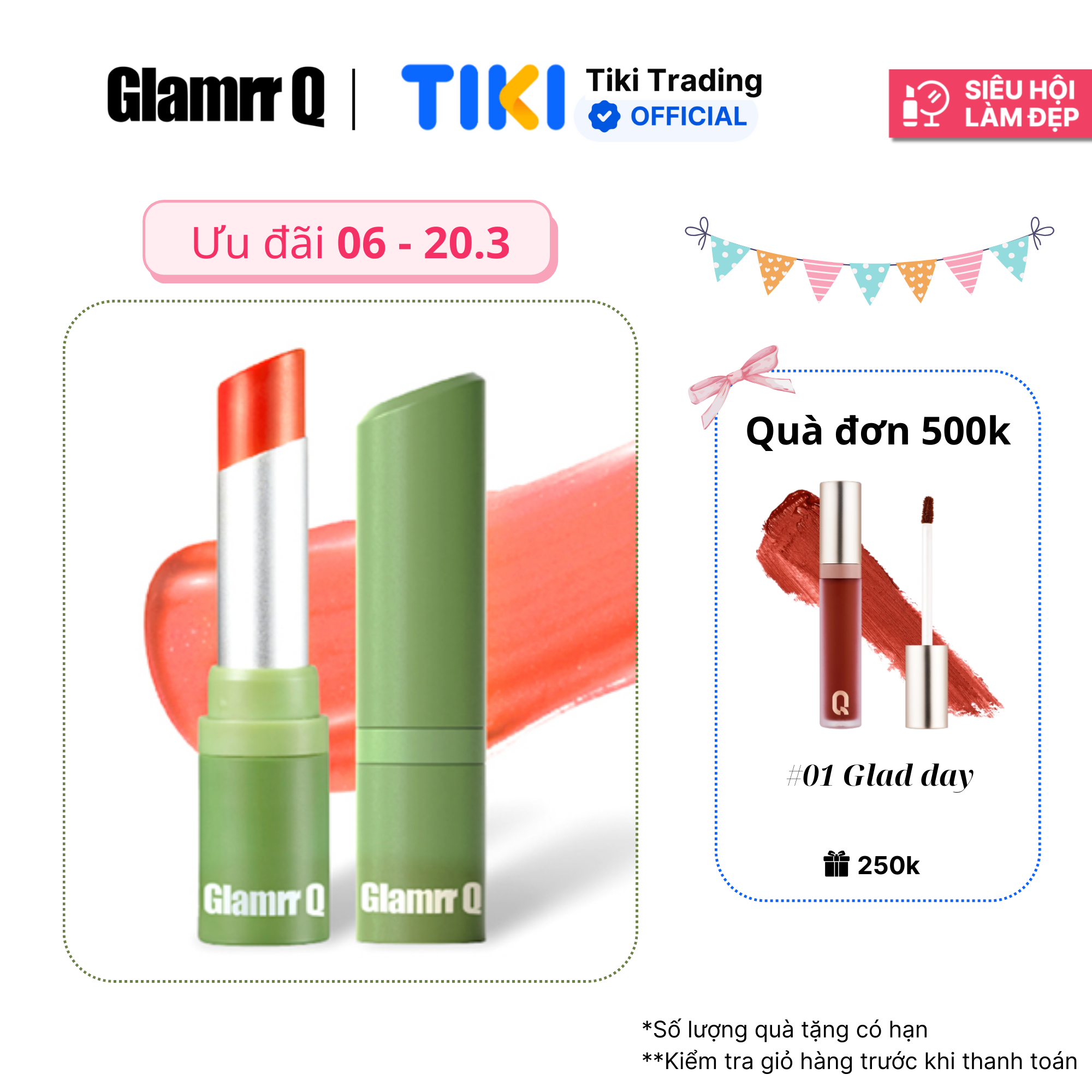 Son dưỡng môi thuần chay có màu GLAMRR Q V​E​G​A​N S​U​P​E​R L​I​P B​A​L​M 4.5g by Gilaa