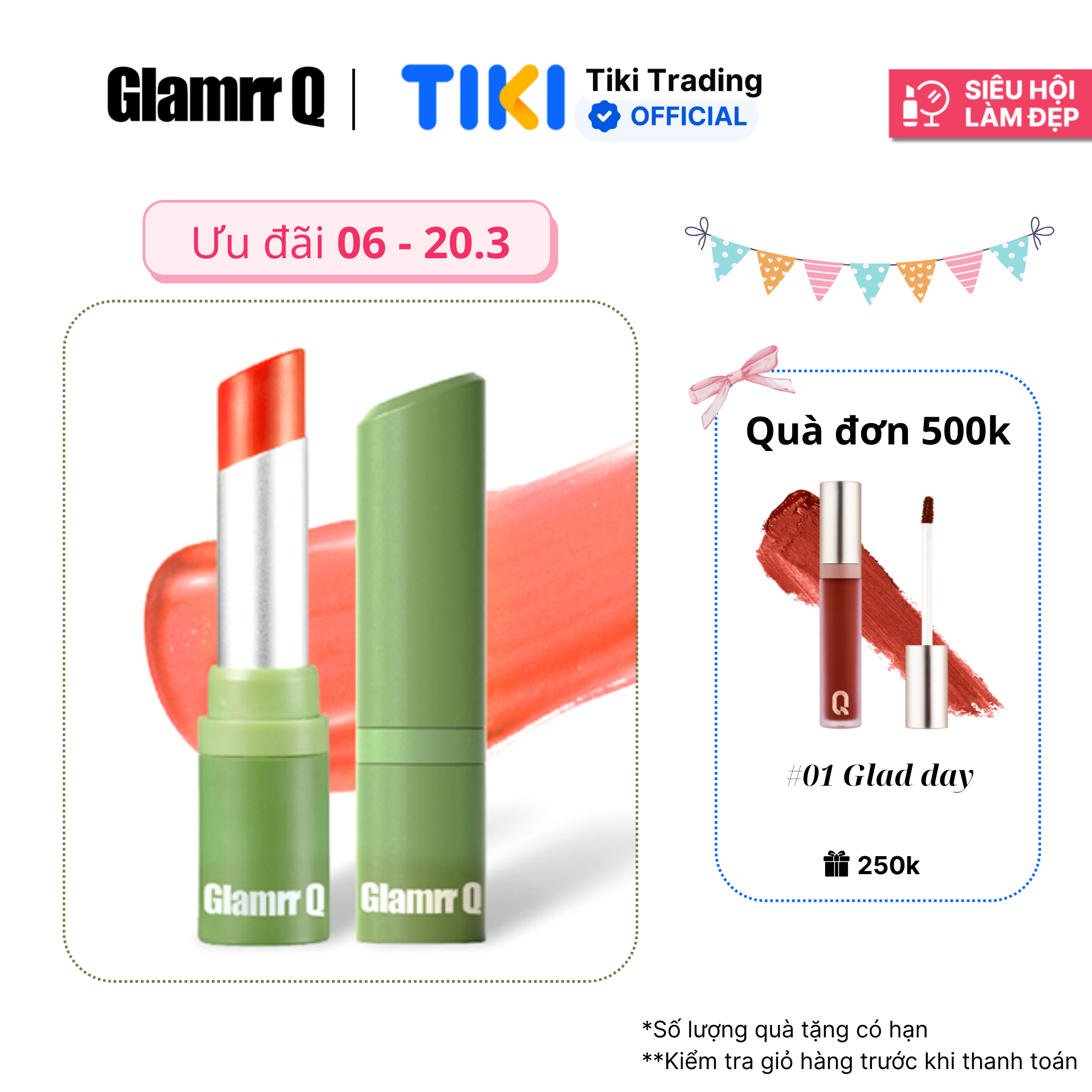 [Freeship 10k đơn 249k] Son dưỡng môi thuần chay có màu GLAMRR Q V​E​G​A​N S​U​P​E​R L​I​P B​A​L​M 4.5g by Gilaa