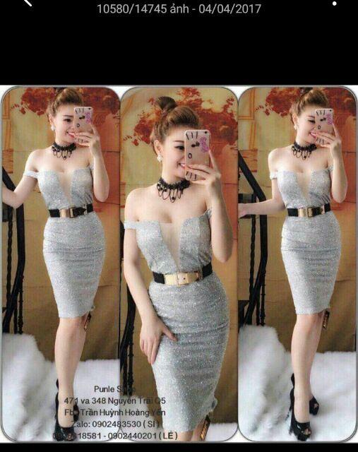 Đầm body bẹt vai xẻ ngực
