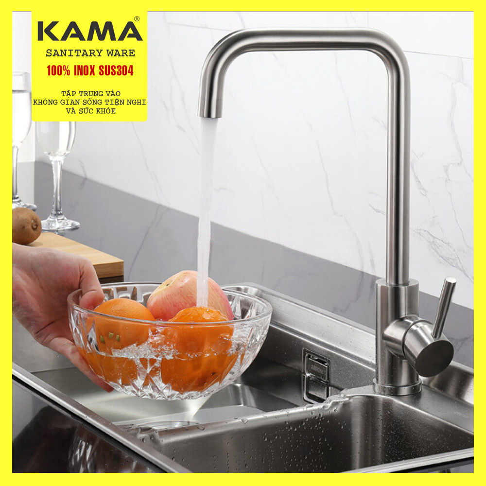 Vòi rửa chén bát inox 304 nóng lạnh KAMA RC05 cho bồn rửa chén bát nhà bếp với màu sắc nguyên bản, phù hợp với mọi lỗ vòi. Tặng kèm 2 dây cấp nước nóng lạnh 60 cm - Hàng chính hãng