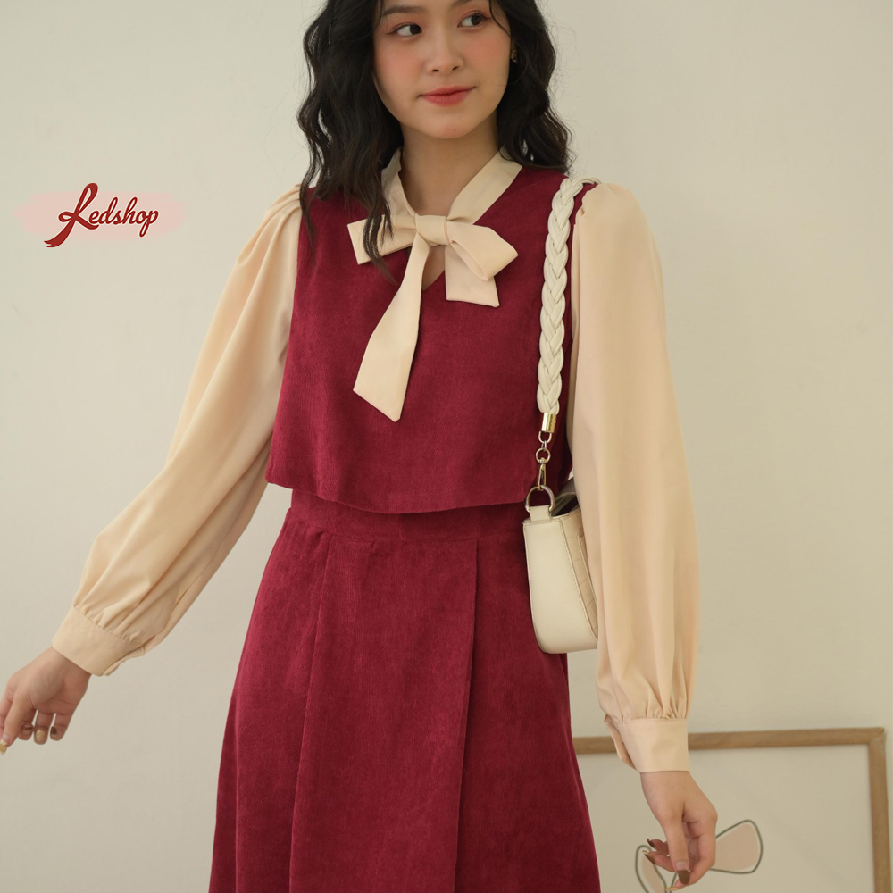 Váy tiểu thư cổ thắt nơ phong cách Hàn Quốc Red Shop 29302