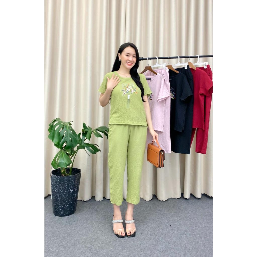 Set đồ bộ trung niên áo tay ngắn và quần lửng vải đũi linen cao cấp - HMN Fashion