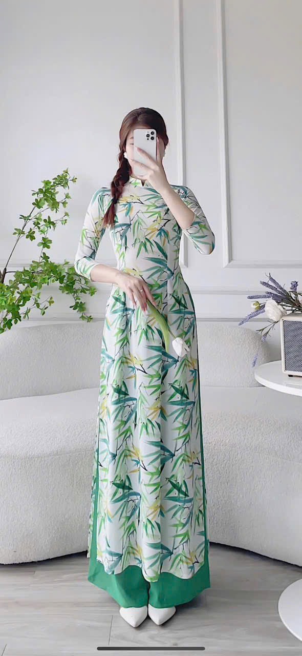 SÉT ÁO DÀI TRUYỀN THỐNG IN HỌA TIẾT LÁ TRE CAO CẤP