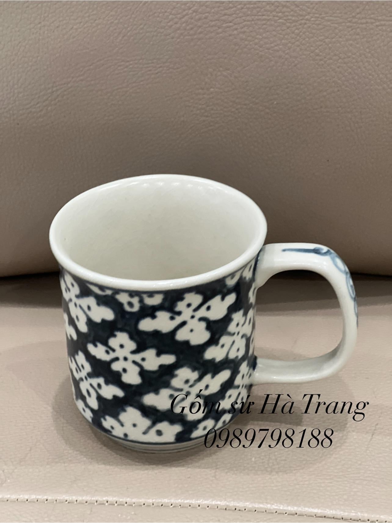 Cốc sứ Bát Tràng men rạn vẽ tay xuất dư hoạ tiết hoa bèo dung tích 250ml