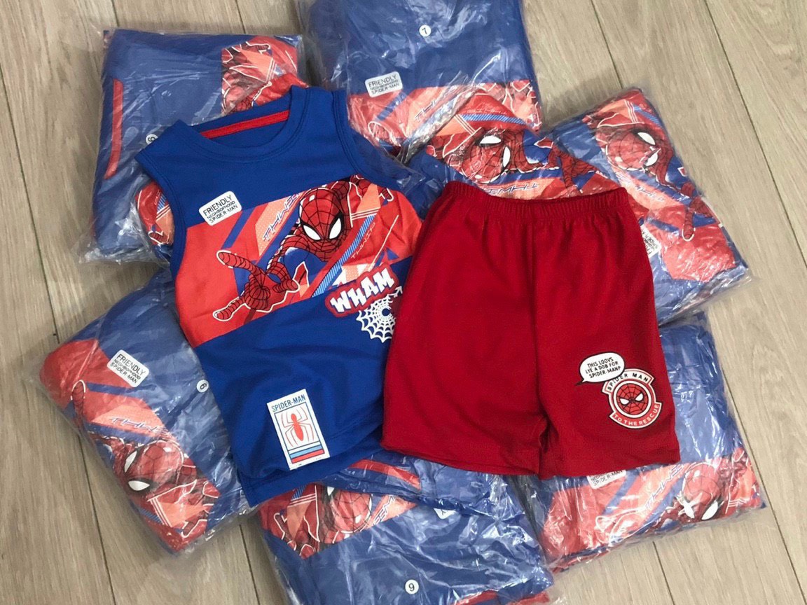 Bộ ba lỗ bé trai siêu nhân nhện xanh đỏ, Set thun cotton sát nách trẻ em mùa hè mặc cực mát, thấm hút mồ hôi tốt