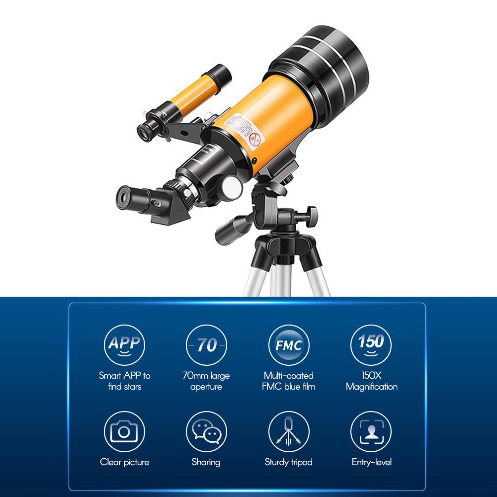 15X-150X 70mm Astronomic Refracting Monocular Telescope with Tripod Eyepiece Dust Cover Teleconverter Finder Scope