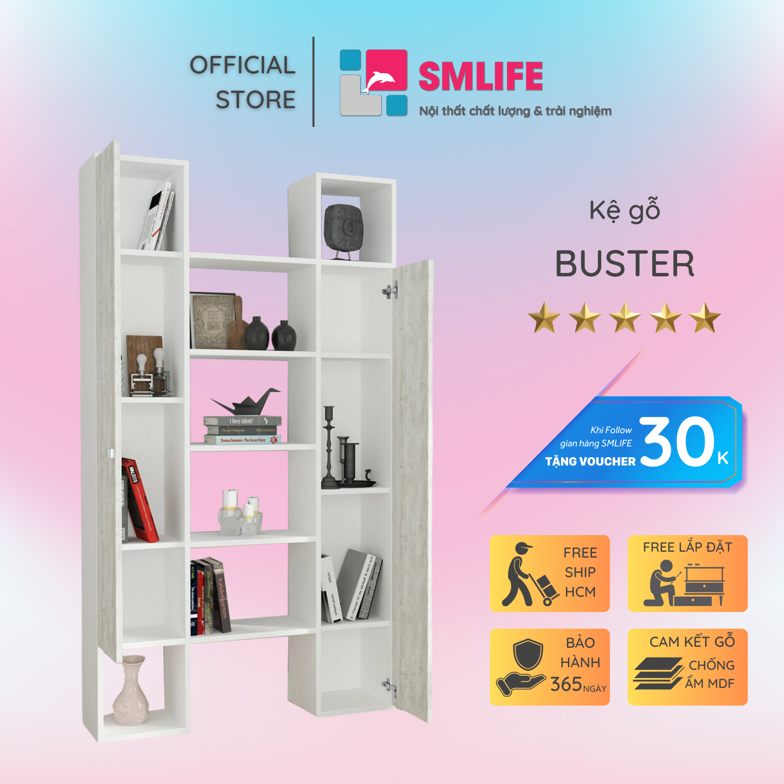 Kệ sách gỗ hiện đại SMLIFE Buster  | Gỗ MDF dày 17mm chống ẩm | D100xR28xC180cm