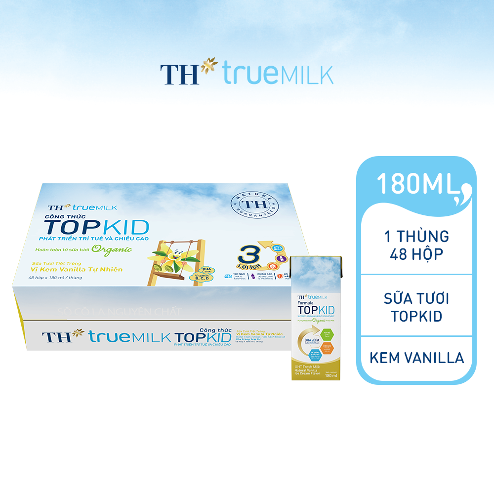 Thùng 48 hộp sữa tươi tiệt trùng TOPKID kem vanilla tự nhiên TH True Milk 180ml (180ml x 48)