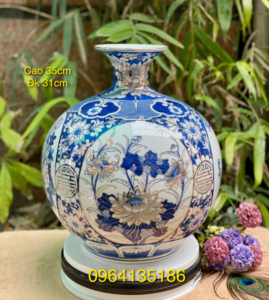 Bình hút tài lộc vẽ vàng tứ cảnh bốn mùa h35cm gốm sứ Bát Tràng