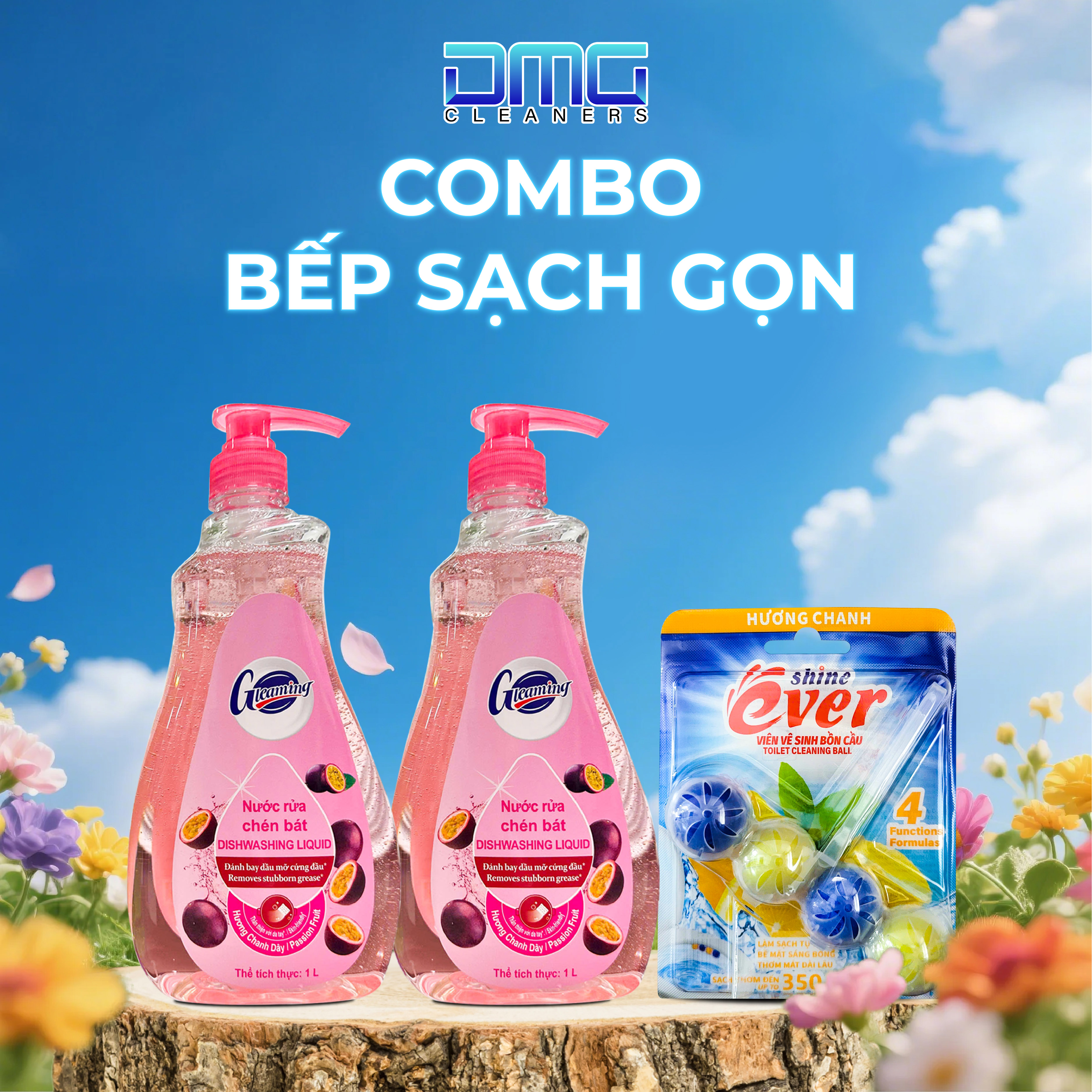 Combo Bếp Sạch Gọn: 2 Chai Nước Rửa Chén Hương Chanh Dây + 1 Viên Treo Vệ Sinh Bồn Cầu Hương Chanh | Tươi Mát Sảng Khoái