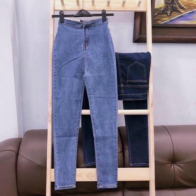 Quần jeans ôm body lưng siêu cao nút kiểu, quần jean nữ, quần bò nữ lưng cao trơn -