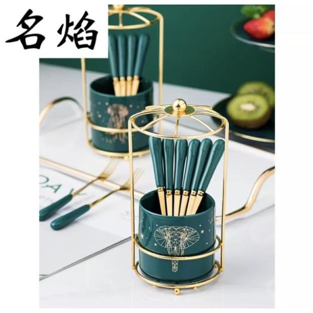 Ống cắm thìa dĩa,rỏ cắm thìa màu xanh cổ vịt kèm thìa phong cách châu Âu sang trọng